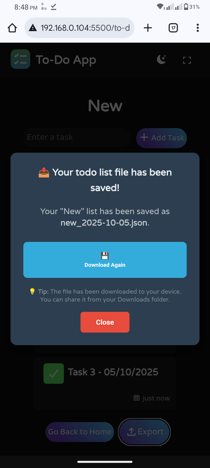 Mobile view - Export Todo-List